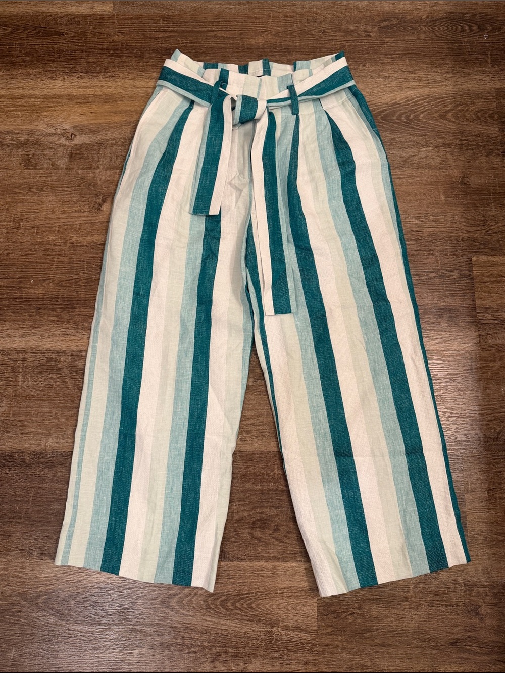 100% Linen Striped Wide Leg Tie-Waist Pants - Teal & Cream